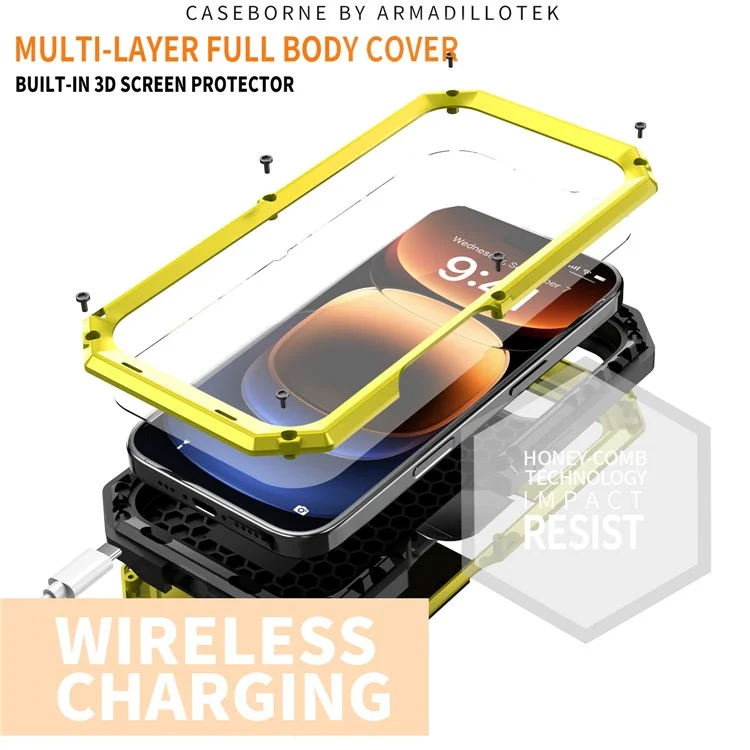 R-JUST For iPhone 16 Pro Max Kickstand Case Silicone+Metal+PC+Tempered Glass Screen Film Phone Cover - Yellow