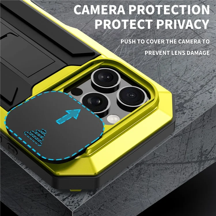 R-JUST For iPhone 16 Pro Max Kickstand Case Silicone+Metal+PC+Tempered Glass Screen Film Phone Cover - Yellow
