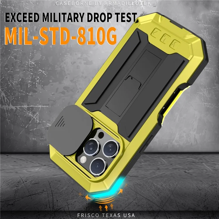 R-JUST For iPhone 16 Pro Max Kickstand Case Silicone+Metal+PC+Tempered Glass Screen Film Phone Cover - Yellow