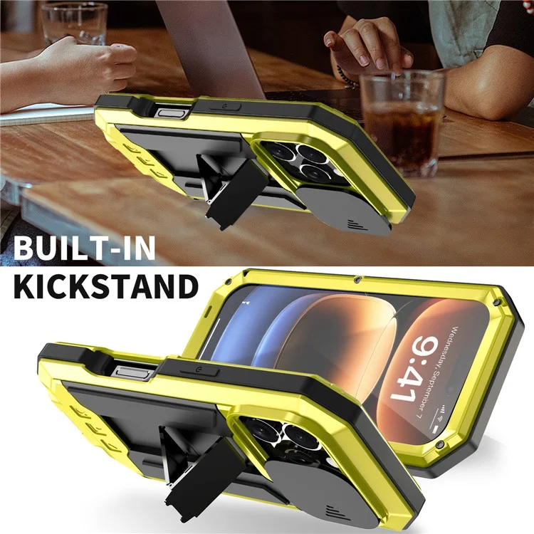 R-JUST For iPhone 16 Pro Max Kickstand Case Silicone+Metal+PC+Tempered Glass Screen Film Phone Cover - Yellow
