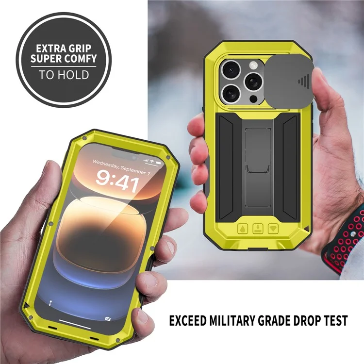 R-JUST For iPhone 16 Pro Max Kickstand Case Silicone+Metal+PC+Tempered Glass Screen Film Phone Cover - Yellow