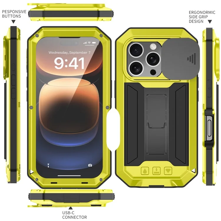 R-JUST For iPhone 16 Pro Max Kickstand Case Silicone+Metal+PC+Tempered Glass Screen Film Phone Cover - Yellow