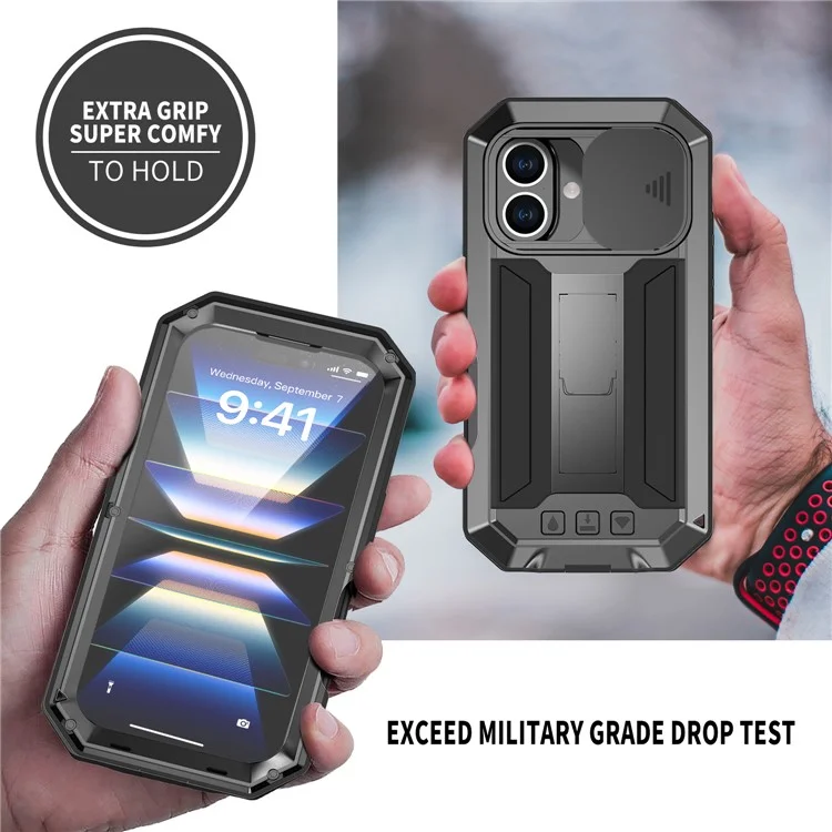 R-JUST For iPhone 16 Plus Kickstand Case Silicone+Metal+PC+Tempered Glass Screen Film Phone Cover - Black