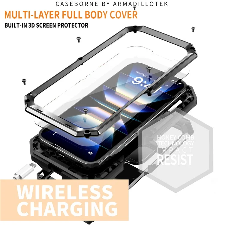 R-JUST For iPhone 16 Plus Kickstand Case Silicone+Metal+PC+Tempered Glass Screen Film Phone Cover - Black