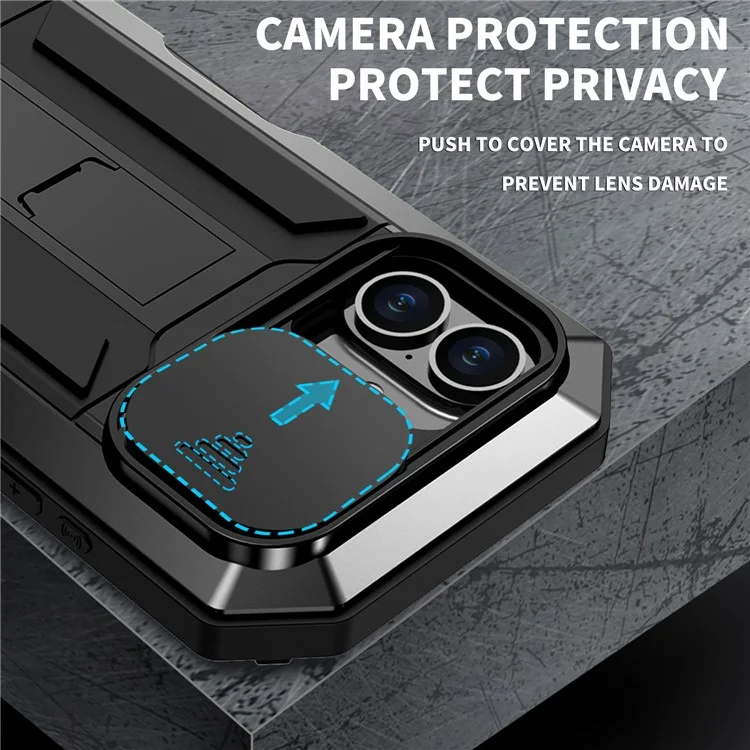 R-JUST For iPhone 16 Plus Kickstand Case Silicone+Metal+PC+Tempered Glass Screen Film Phone Cover - Black