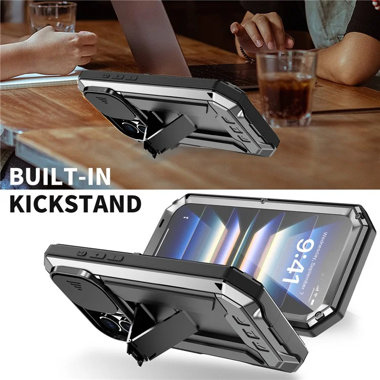 R-JUST For iPhone 16 Plus Kickstand Case Silicone+Metal+PC+Tempered Glass Screen Film Phone Cover - Black