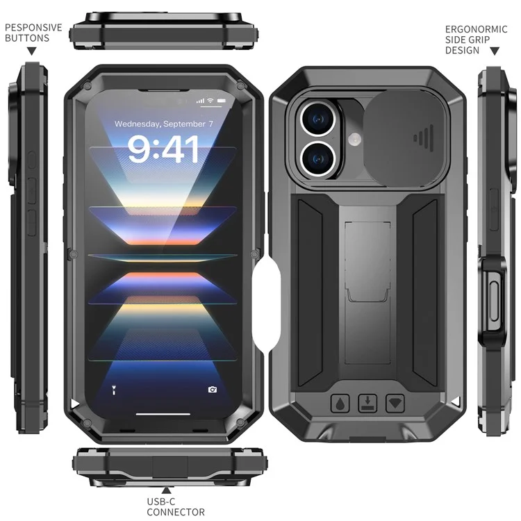 R-JUST For iPhone 16 Plus Kickstand Case Silicone+Metal+PC+Tempered Glass Screen Film Phone Cover - Black