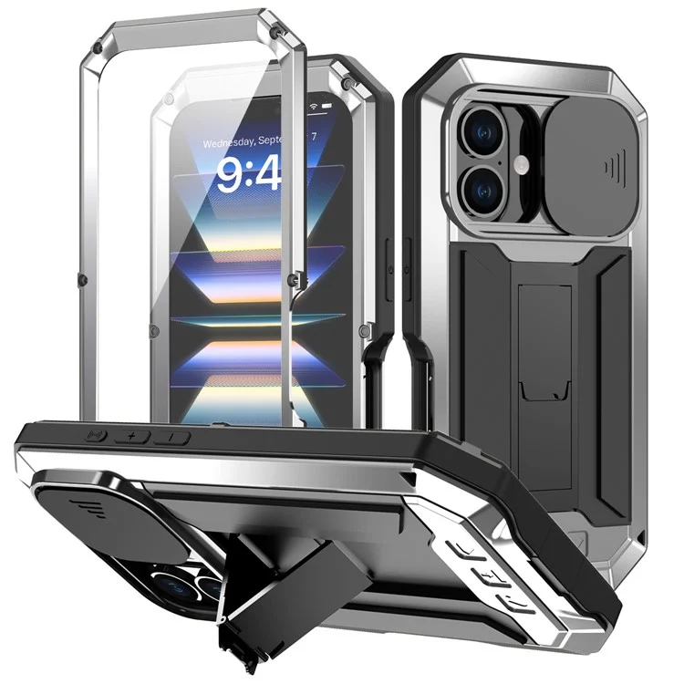 R-just Pour L'iphone 16 Bootstand Case Silicone + Metal + pc + Temperred Screen Film Téléphone Cover - Argent