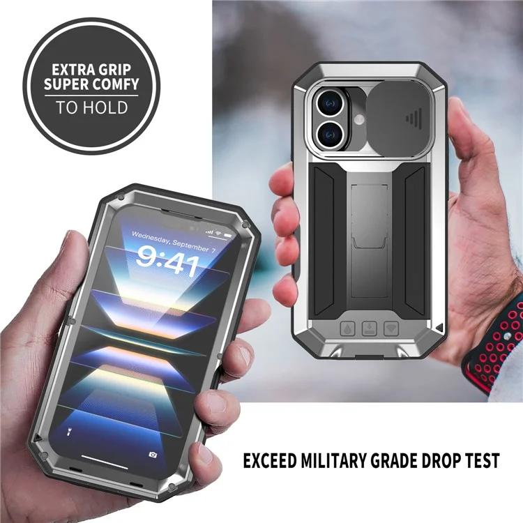 R-just Pour L'iphone 16 Bootstand Case Silicone + Metal + pc + Temperred Screen Film Téléphone Cover - Argent
