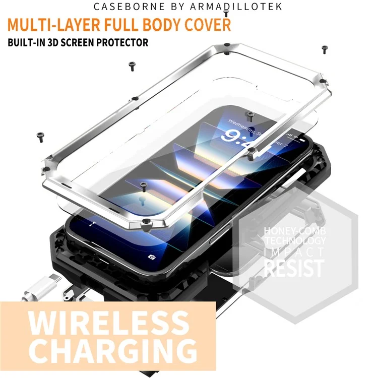 R-just Pour L'iphone 16 Bootstand Case Silicone + Metal + pc + Temperred Screen Film Téléphone Cover - Argent