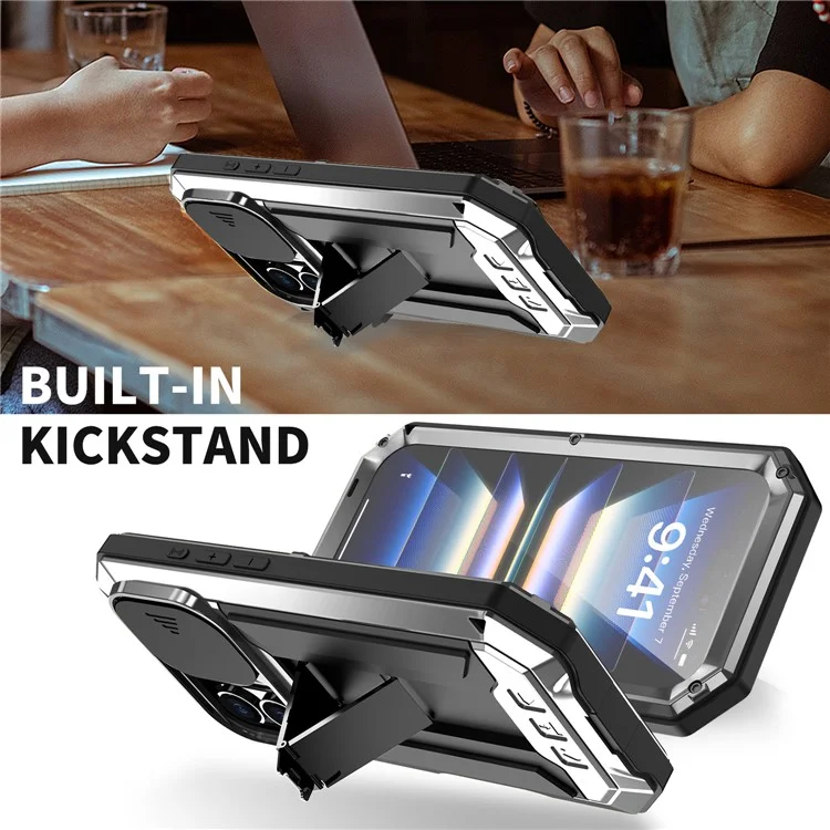 R-just Pour L'iphone 16 Bootstand Case Silicone + Metal + pc + Temperred Screen Film Téléphone Cover - Argent