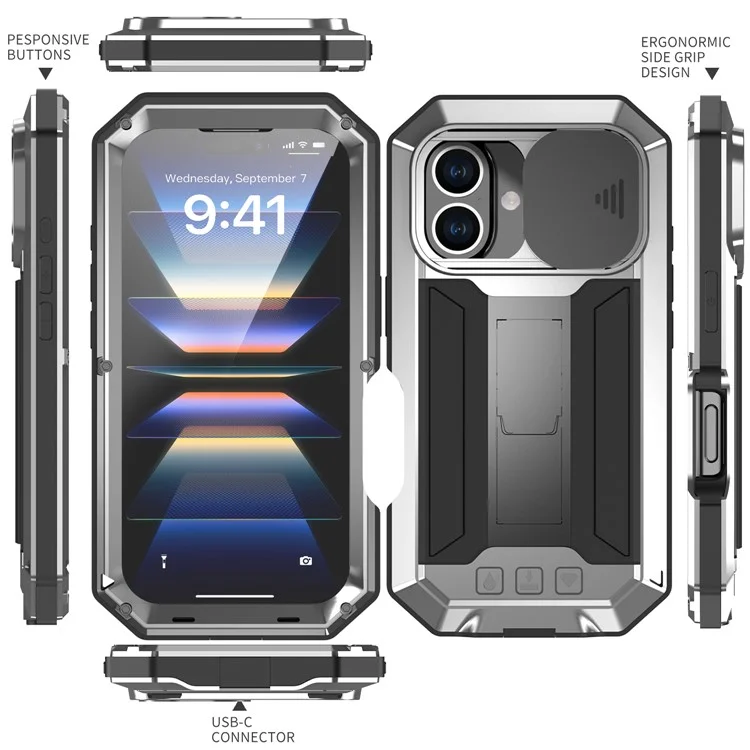 R-just Pour L'iphone 16 Bootstand Case Silicone + Metal + pc + Temperred Screen Film Téléphone Cover - Argent