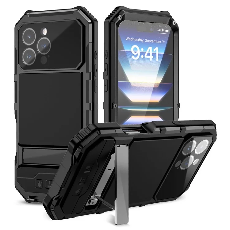R-just For Iphone 16 Pro Max Case PC+Silicone+Metal Kickstand Teleping Com Filme de Vidro Temperado - Preto