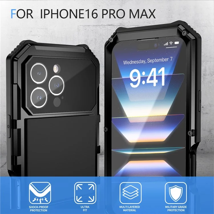R-just For Iphone 16 Pro Max Case PC+Silicone+Metal Kickstand Teleping Com Filme de Vidro Temperado - Preto