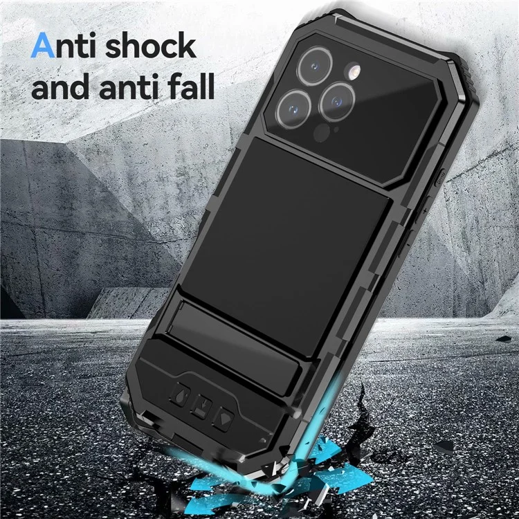 R-just For Iphone 16 Pro Max Case PC+Silicone+Metal Kickstand Teleping Com Filme de Vidro Temperado - Preto