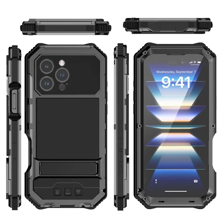 R-just For Iphone 16 Pro Max Case PC+Silicone+Metal Kickstand Teleping Com Filme de Vidro Temperado - Preto