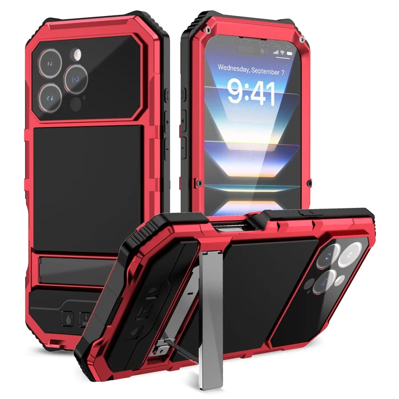 R-JUST For iPhone 16 Pro Max Case PC+Silicone+Metal Kickstand Phone Cover with Tempered Glass Film - Red