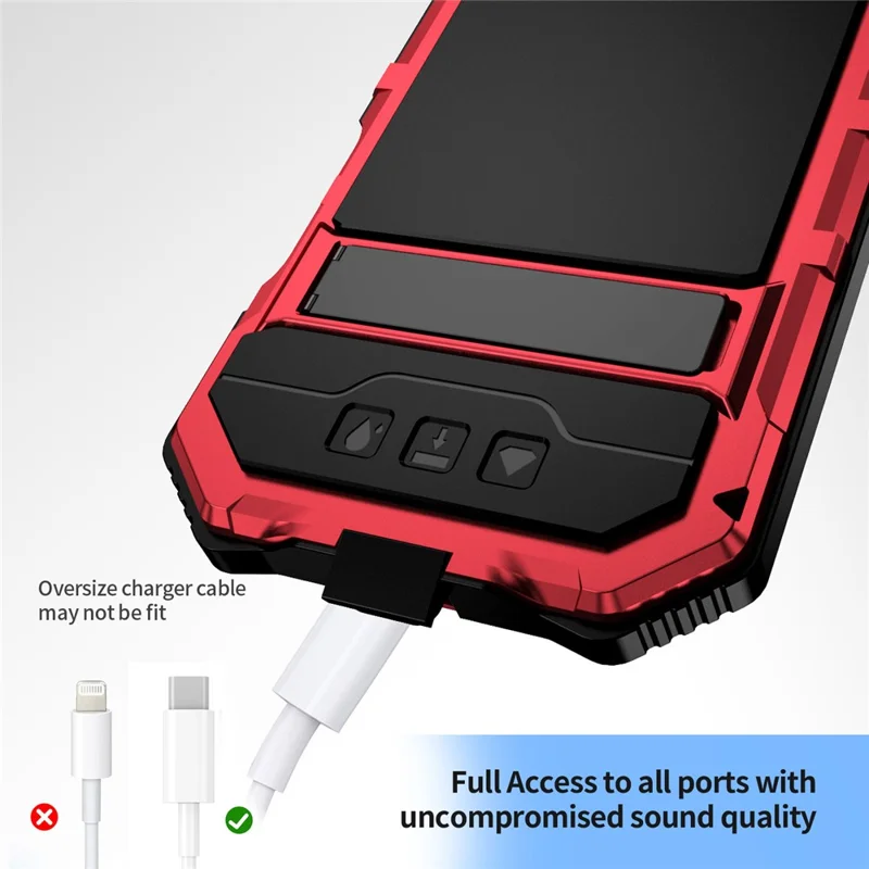 R-JUST For iPhone 16 Pro Max Case PC+Silicone+Metal Kickstand Phone Cover with Tempered Glass Film - Red
