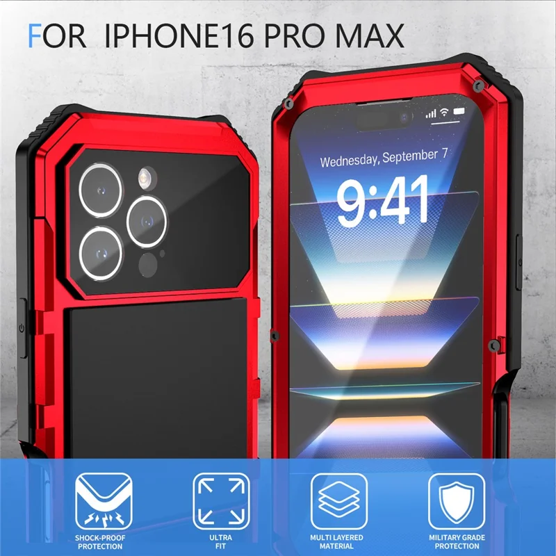 R-JUST For iPhone 16 Pro Max Case PC+Silicone+Metal Kickstand Phone Cover with Tempered Glass Film - Red