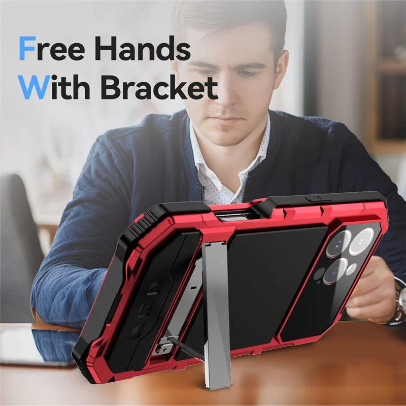 R-JUST For iPhone 16 Pro Max Case PC+Silicone+Metal Kickstand Phone Cover with Tempered Glass Film - Red