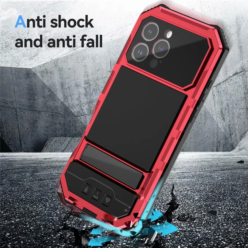 R-JUST For iPhone 16 Pro Max Case PC+Silicone+Metal Kickstand Phone Cover with Tempered Glass Film - Red