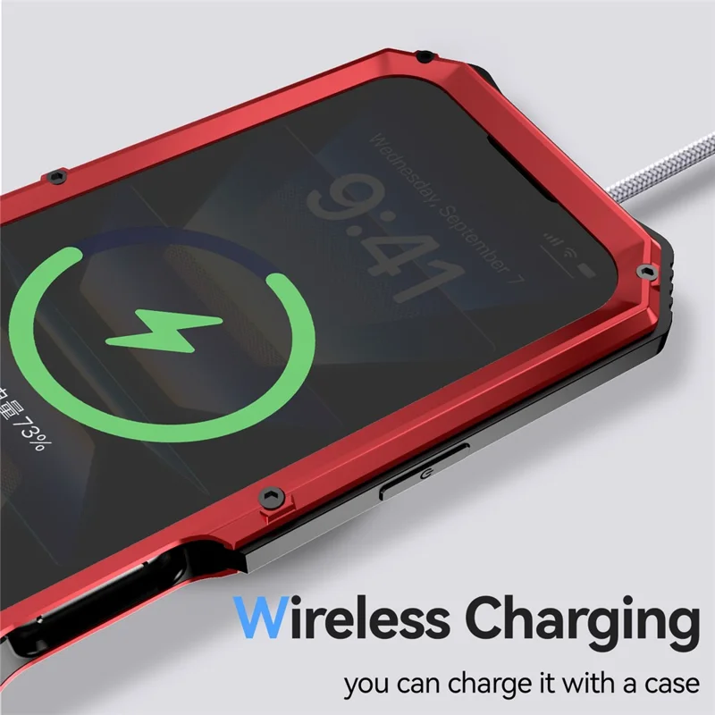 R-JUST For iPhone 16 Pro Max Case PC+Silicone+Metal Kickstand Phone Cover with Tempered Glass Film - Red