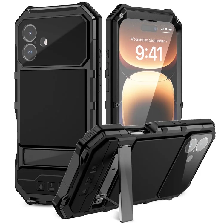 R-JUST For iPhone 16 Plus Case PC+Silicone+Metal Kickstand Phone Cover with Tempered Glass Film - Black