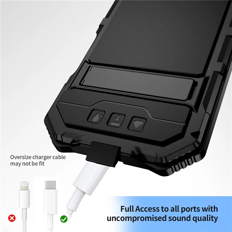 R-JUST For iPhone 16 Plus Case PC+Silicone+Metal Kickstand Phone Cover with Tempered Glass Film - Black