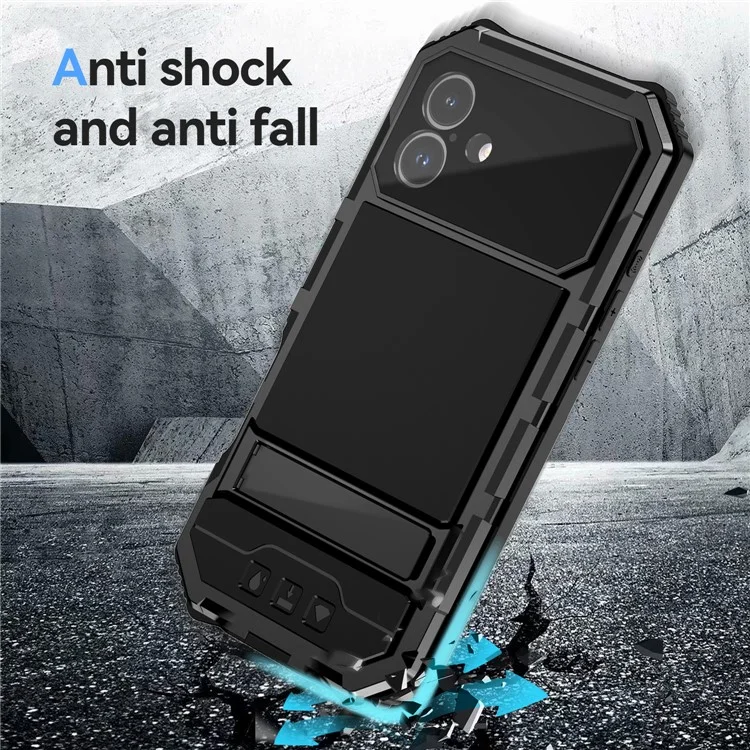 R-JUST For iPhone 16 Plus Case PC+Silicone+Metal Kickstand Phone Cover with Tempered Glass Film - Black