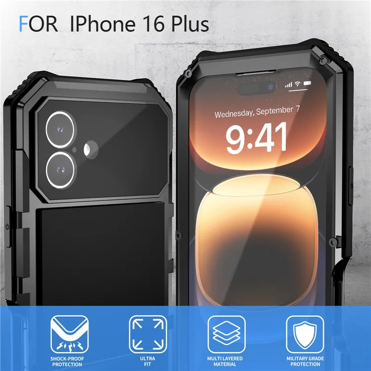 R-JUST For iPhone 16 Plus Case PC+Silicone+Metal Kickstand Phone Cover with Tempered Glass Film - Black