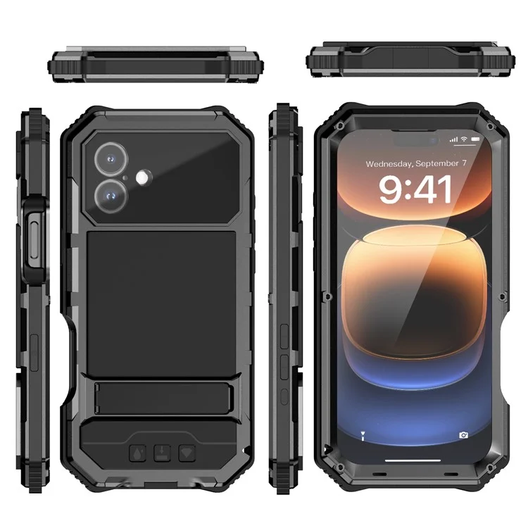 R-JUST For iPhone 16 Plus Case PC+Silicone+Metal Kickstand Phone Cover with Tempered Glass Film - Black