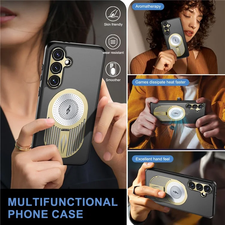 For Samsung Galaxy S23 FE Magnetic Case Heat Dissipation Aromatherapy Kickstand Silicone+PC Phone Cover - Gold