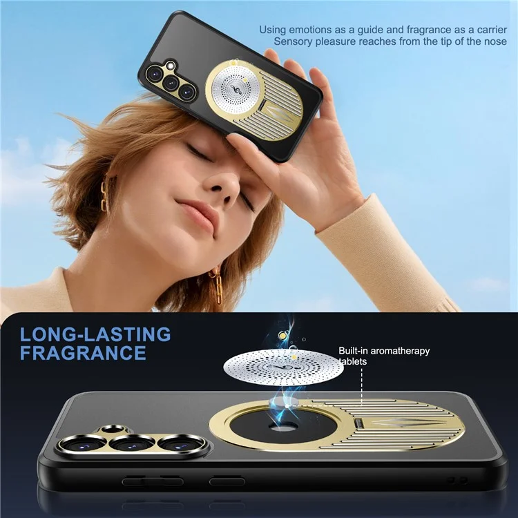 For Samsung Galaxy S23 FE Magnetic Case Heat Dissipation Aromatherapy Kickstand Silicone+PC Phone Cover - Gold
