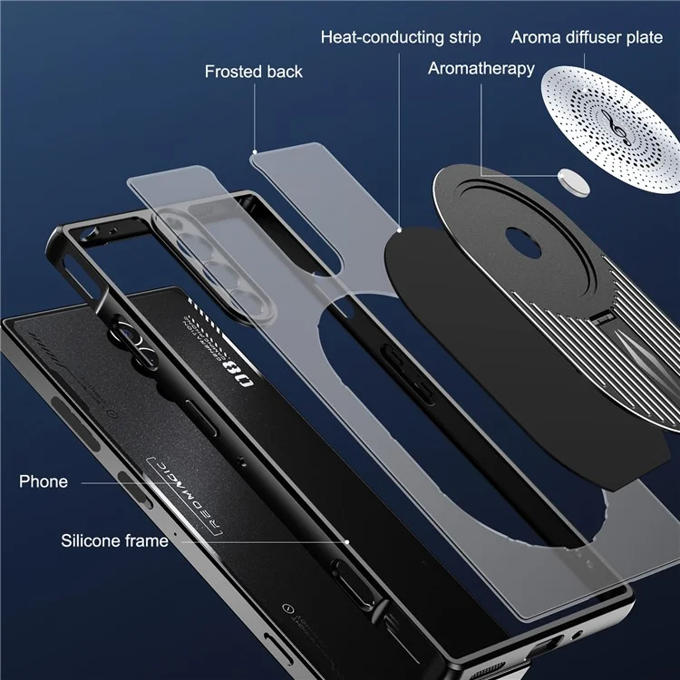 For ZTE nubia Red Magic 8S Pro / 8 Pro+ 5G / 8 Pro 5G Magnetic Case Heat Dissipation Aromatherapy Kickstand Silicone+PC Phone Cover - Black
