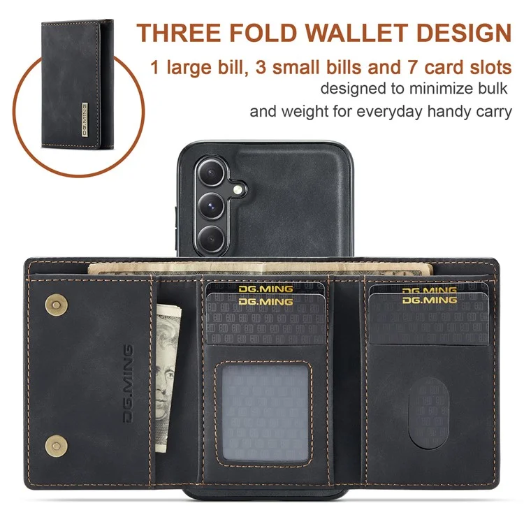DG.MING M1 Series for Samsung Galaxy S24 FE Case Kickstand PU Phone Cover with Detachable Wallet - Black
