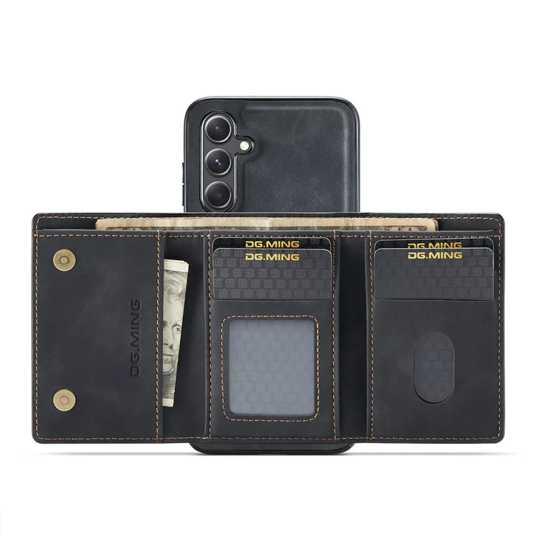 DG.MING M1 Series for Samsung Galaxy S24 FE Case Kickstand PU Phone Cover with Detachable Wallet - Black