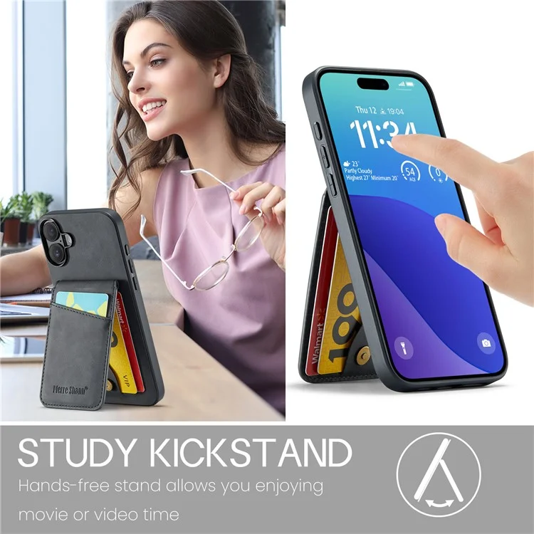 Fierre Shann Per Iphone 16 Plus Case Case Tolding Leather in Pelle RFID Blocking Cover - Nero