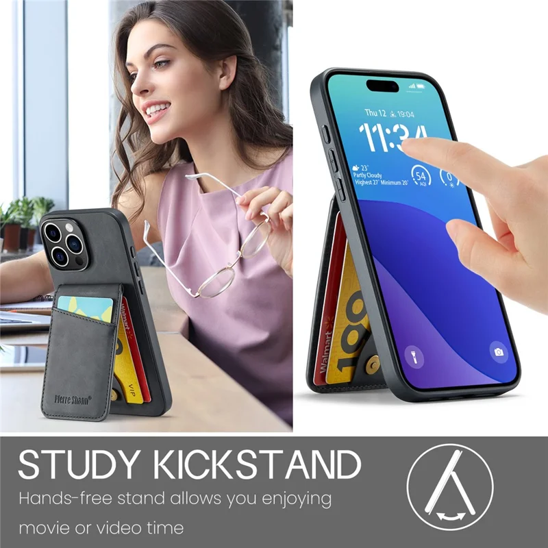 Fierre Shann Pour Iphone 16 Pro Max Carde Holder Heudstand Courter RFID Bocker - Noir