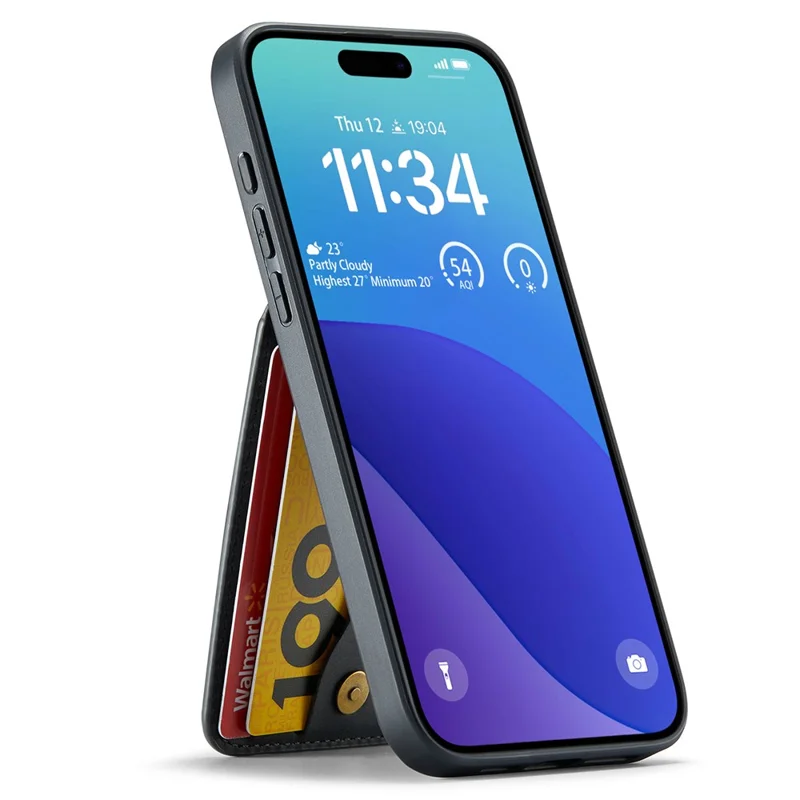Fierre Shann Para Iphone 16 Casta Holder Kickstand Leather RFID Blocking Back Cover - Preto