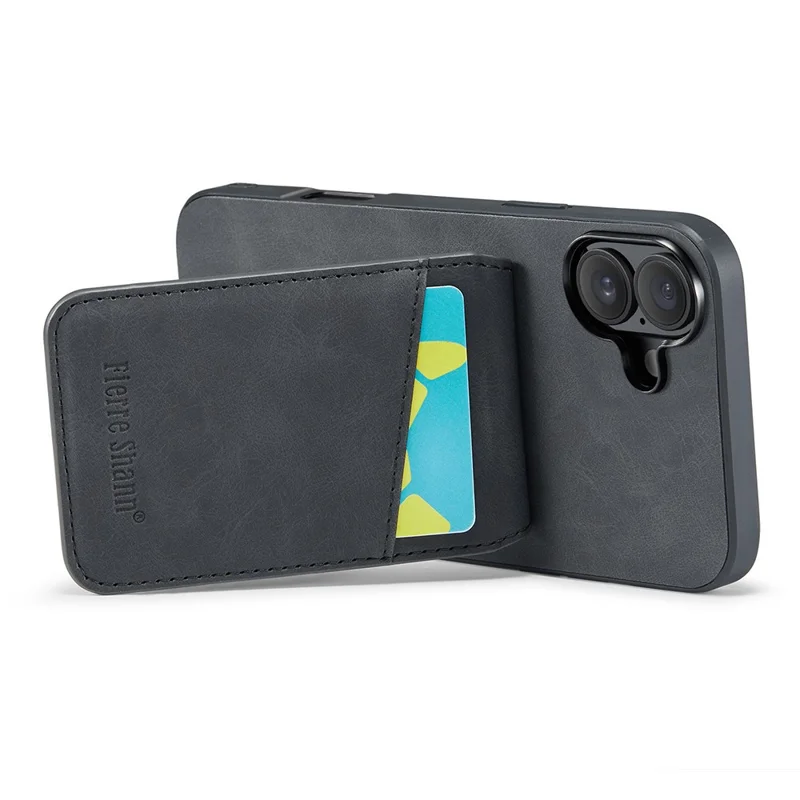 Fierre Shann Para Iphone 16 Casta Holder Kickstand Leather RFID Blocking Back Cover - Preto