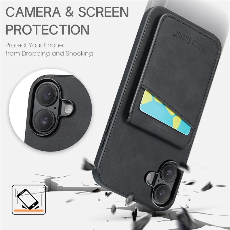 Fierre Shann Para Iphone 16 Casta Holder Kickstand Leather RFID Blocking Back Cover - Preto