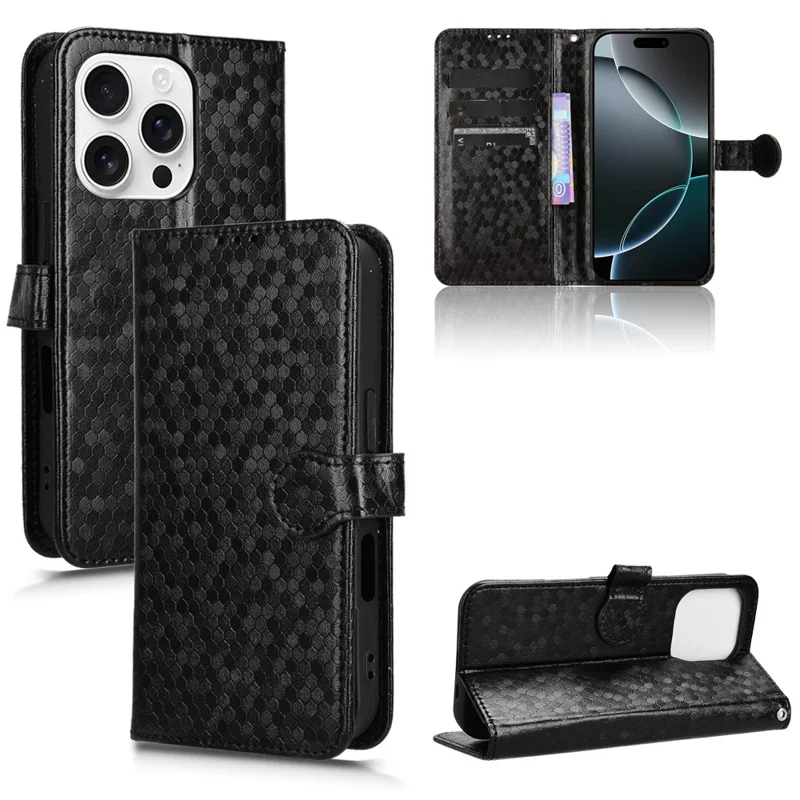 Para Iphone 16 Pro Wallet Case Dot Patrón Impronta PU Cubierta de Teléfono de Cuero - Negro