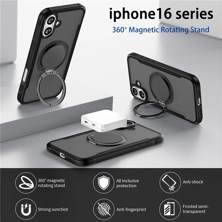 Гром 3 Серия Для Iphone 16 Case Roating Magnetic Kickstand PC+TPU Matte Phone Cople - Черный