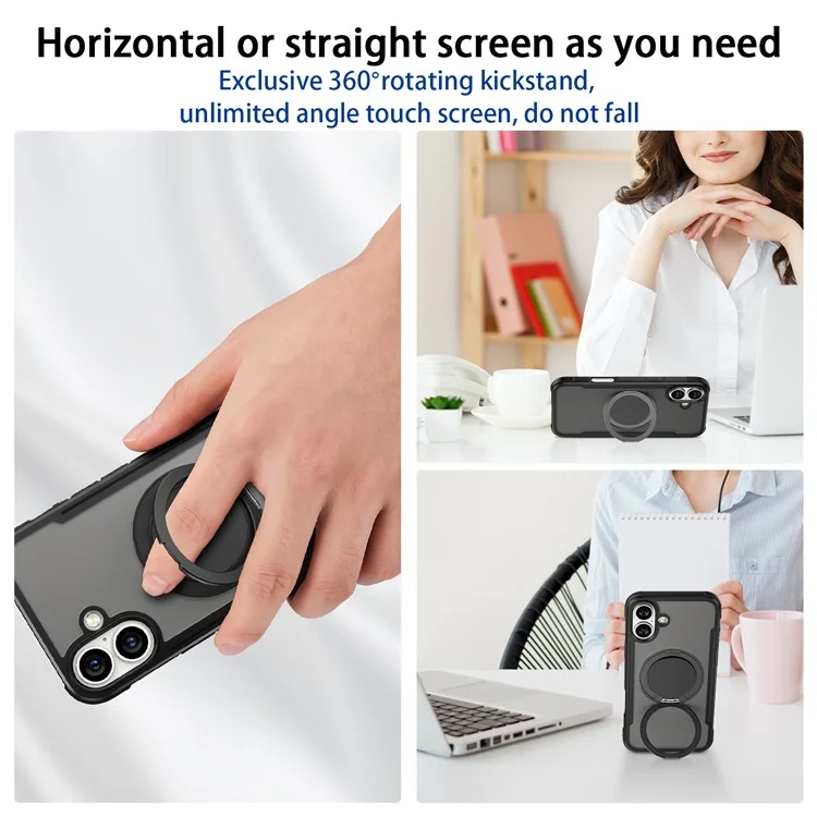 Гром 3 Серия Для Iphone 16 Case Roating Magnetic Kickstand PC+TPU Matte Phone Cople - Черный