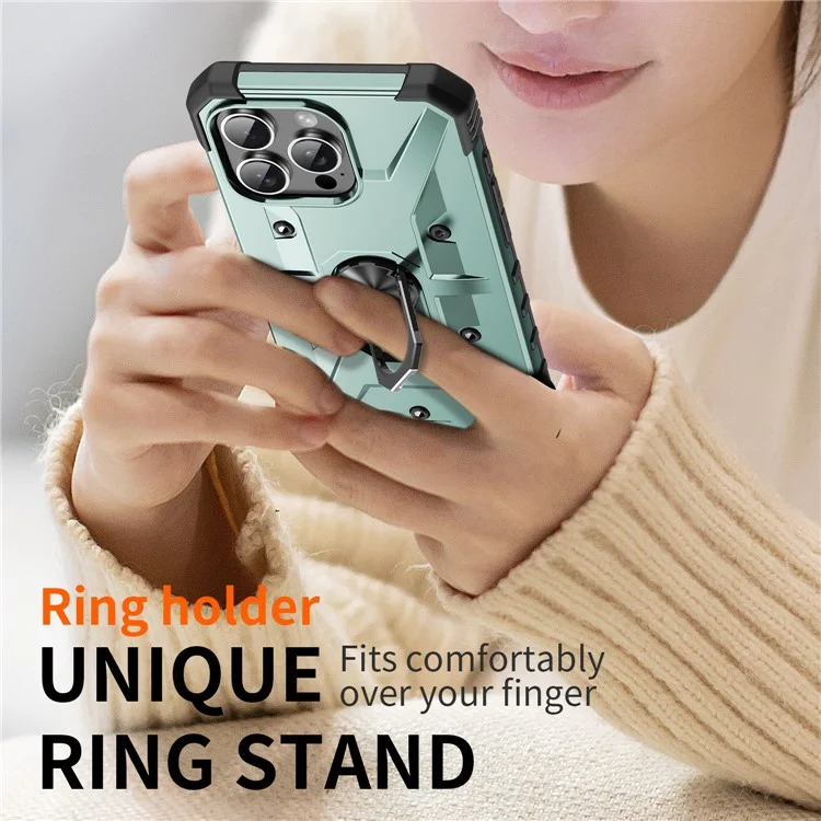 Для Iphone 16 Pro Max Case PC+ TPU Antiplop Phone Cope с Кольцевой Стендом - Темно -зеленый