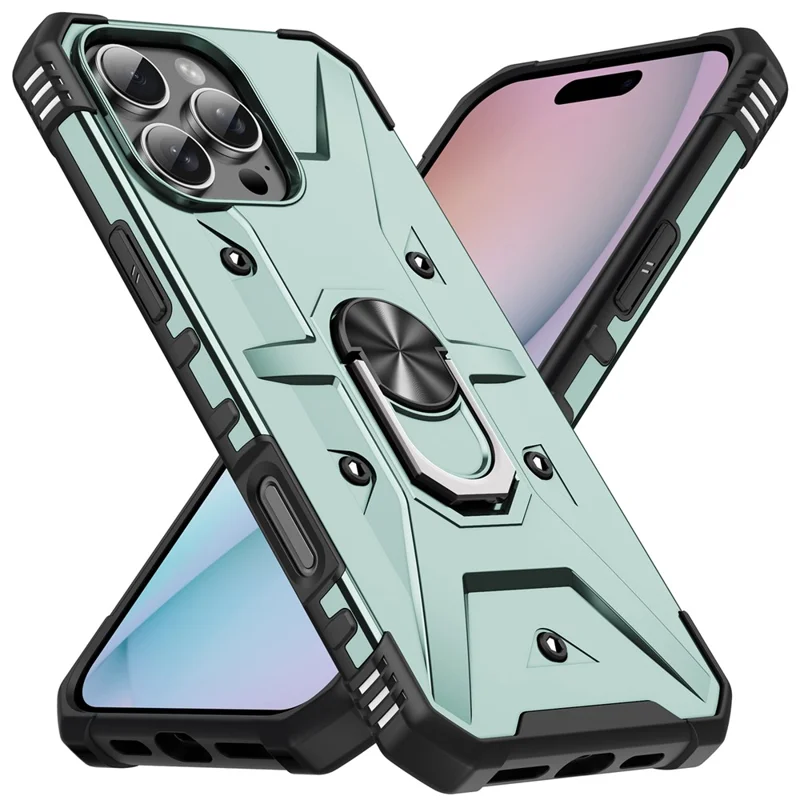 Для Iphone 16 Pro Case PC+ TPU Antip-dop Phone Cope с Кольцевой Стендом - Темно -зеленый