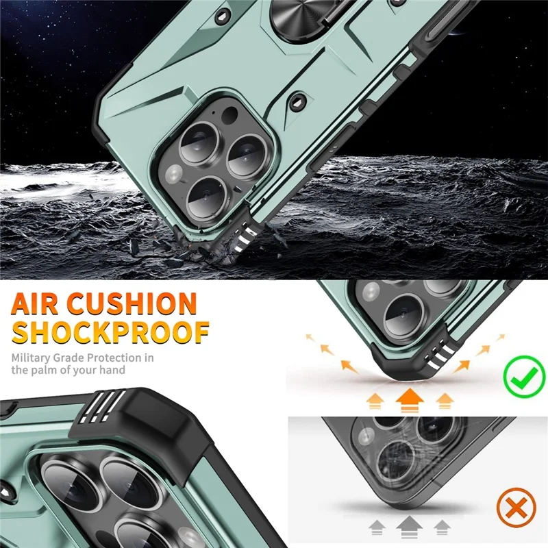 Для Iphone 16 Pro Case PC+ TPU Antip-dop Phone Cope с Кольцевой Стендом - Темно -зеленый