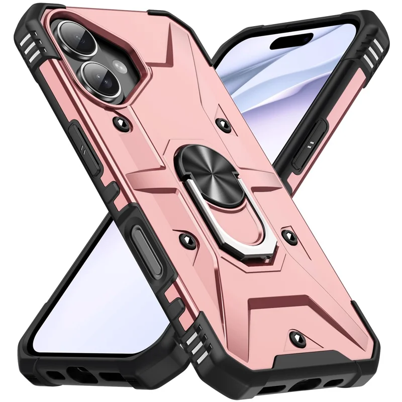 For iPhone 16 Case PC+ TPU Anti-Drop Phone Cover with Ring Kickstand - Rose Gold