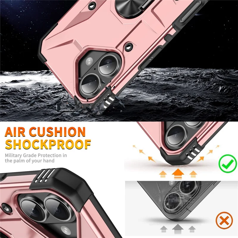 For iPhone 16 Case PC+ TPU Anti-Drop Phone Cover with Ring Kickstand - Rose Gold
