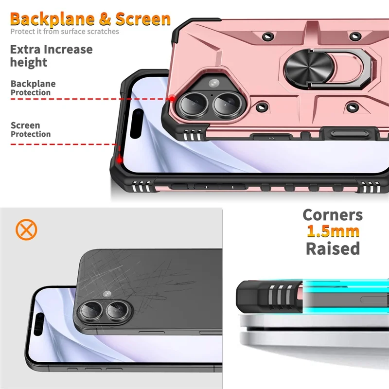 For iPhone 16 Case PC+ TPU Anti-Drop Phone Cover with Ring Kickstand - Rose Gold